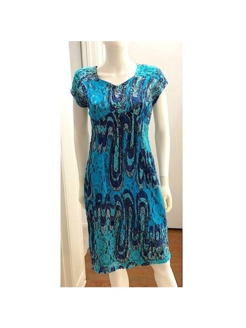 ASHRO-WOMENS LACE FULLY LINED MULTI -BLUE BACK ZIP UP CLOSURE MIDI DRESS SIZE 10